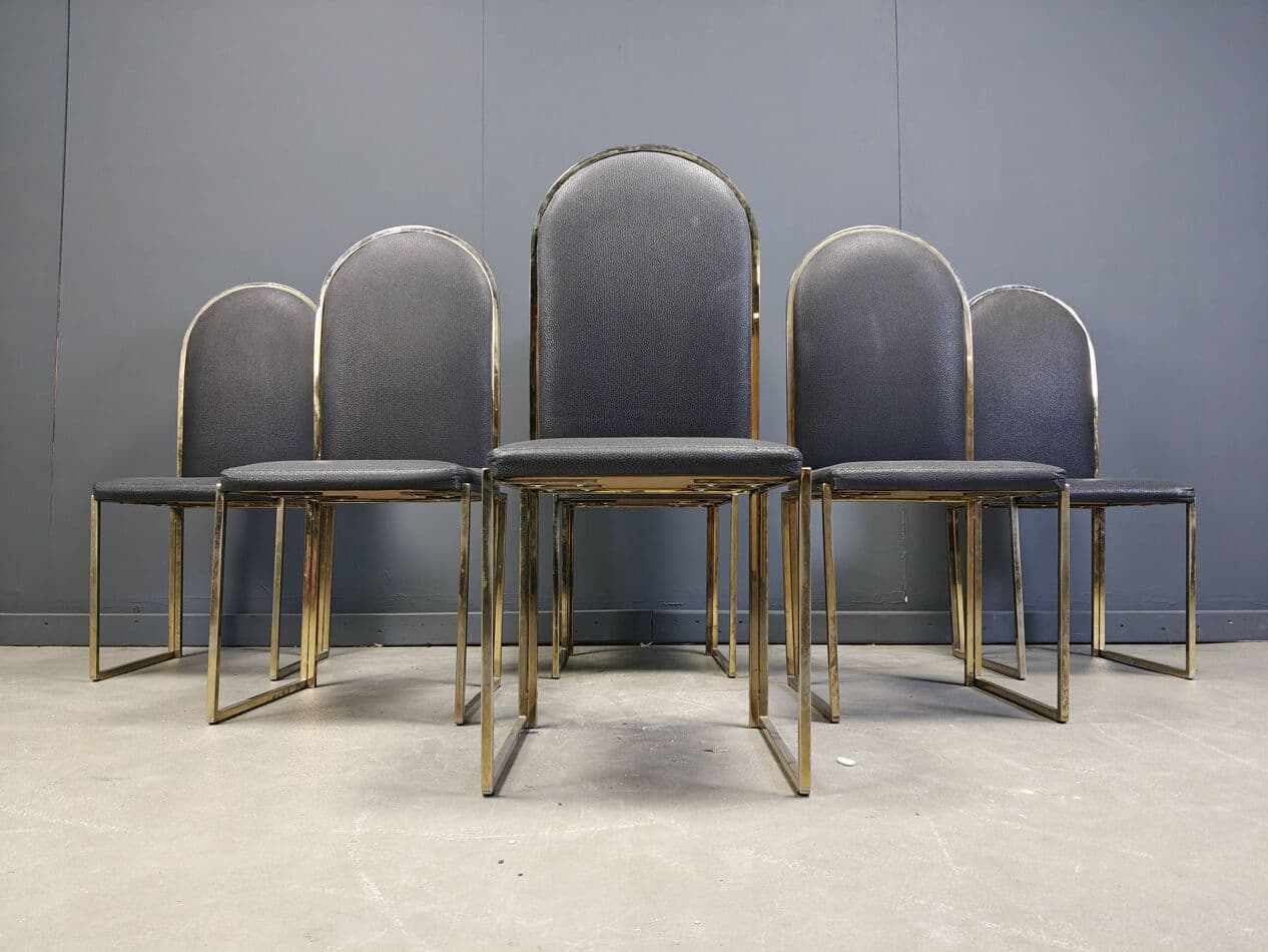 Set of Six Dining Chairs, gold brass, black faux leather, Belgium, 1970s. - 270198