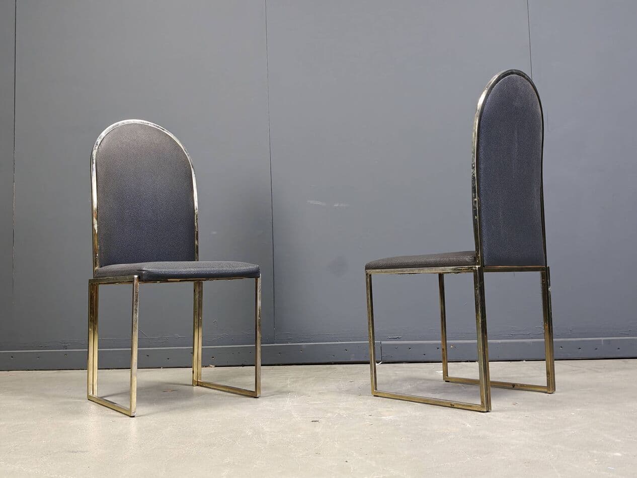 Set of Six Dining Chairs, gold brass, black faux leather, Belgium, 1970s. - 270185