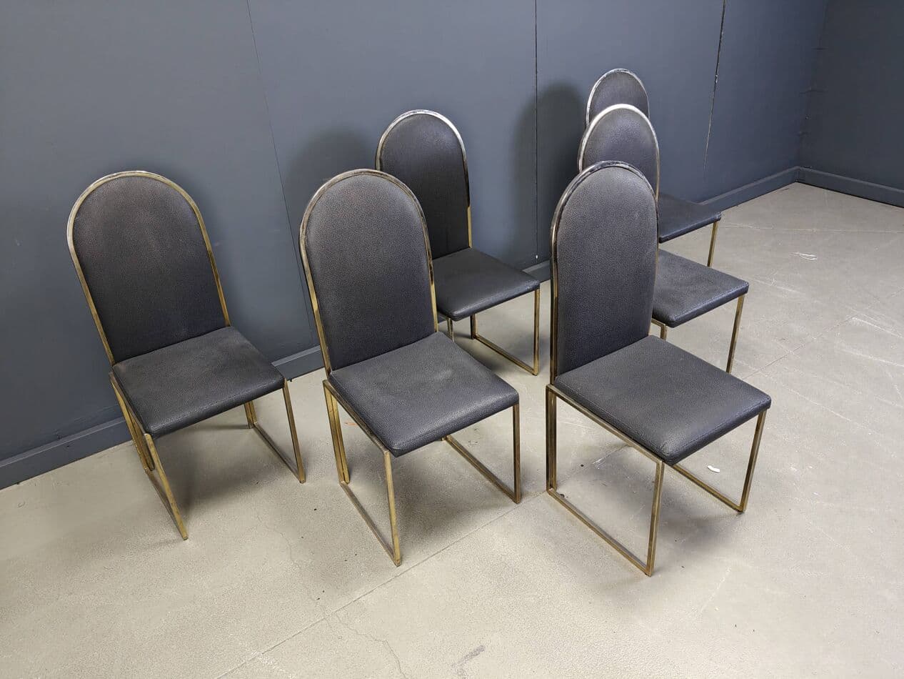 Set of Six Dining Chairs, gold brass, black faux leather, Belgium, 1970s. - 270197