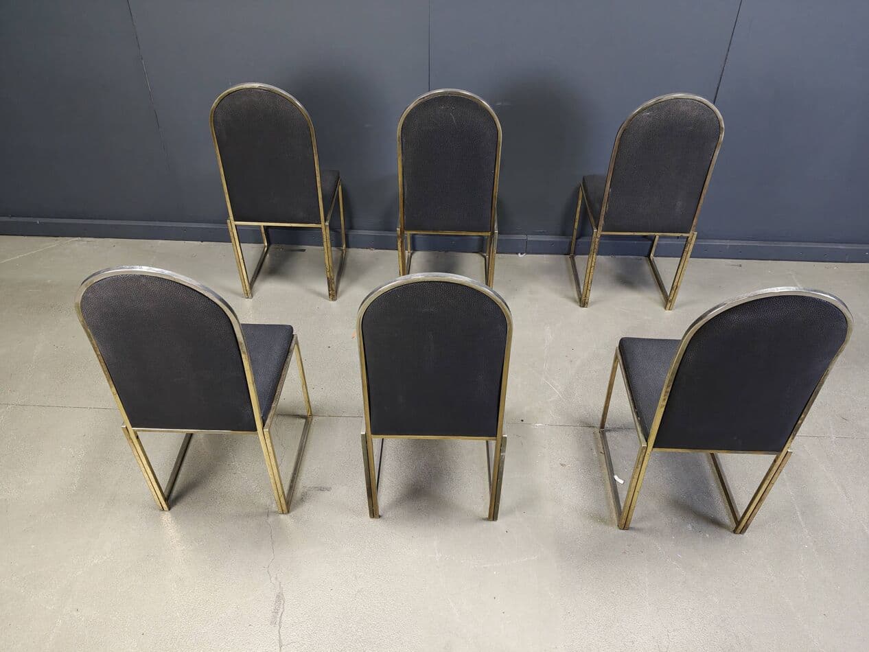 Set of Six Dining Chairs, gold brass, black faux leather, Belgium, 1970s. - 270195