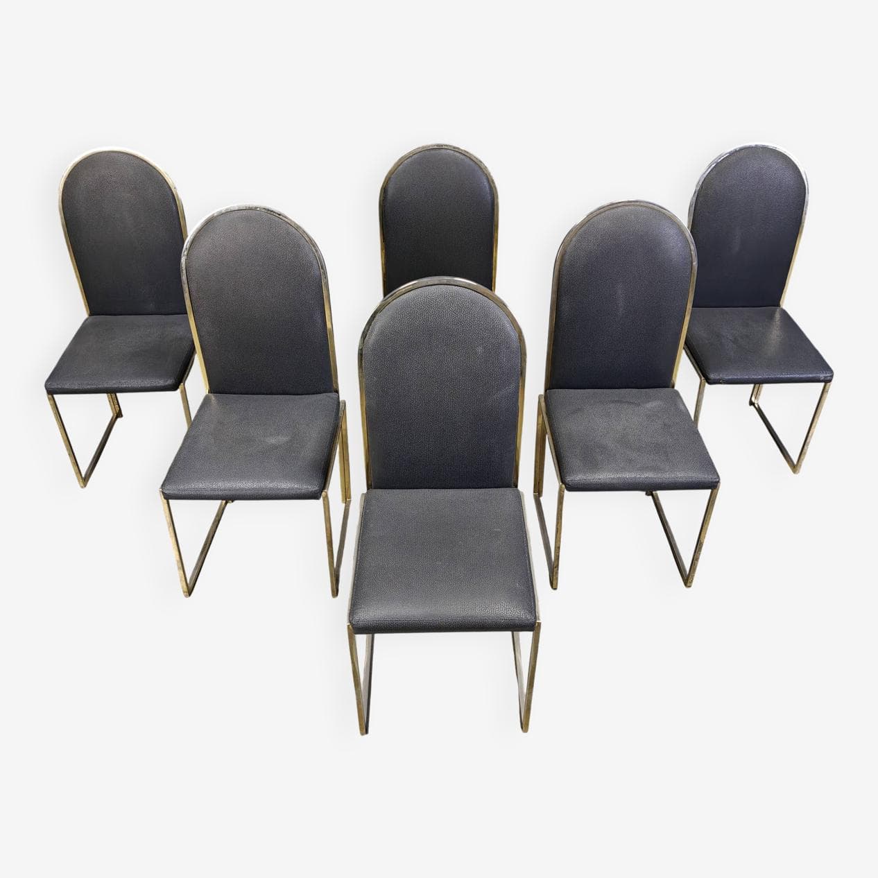 Set of Six Dining Chairs, gold brass, black faux leather, Belgium, 1970s. - 270190