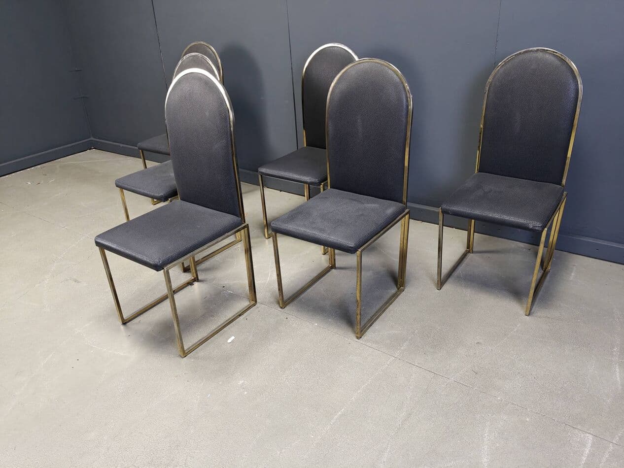 Set of Six Dining Chairs, gold brass, black faux leather, Belgium, 1970s. - 270196