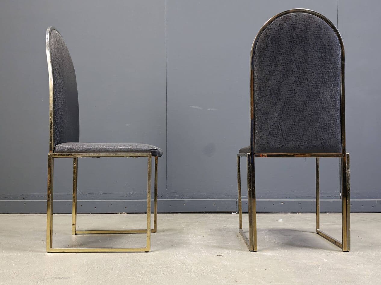 Set of Six Dining Chairs, gold brass, black faux leather, Belgium, 1970s. - 270191