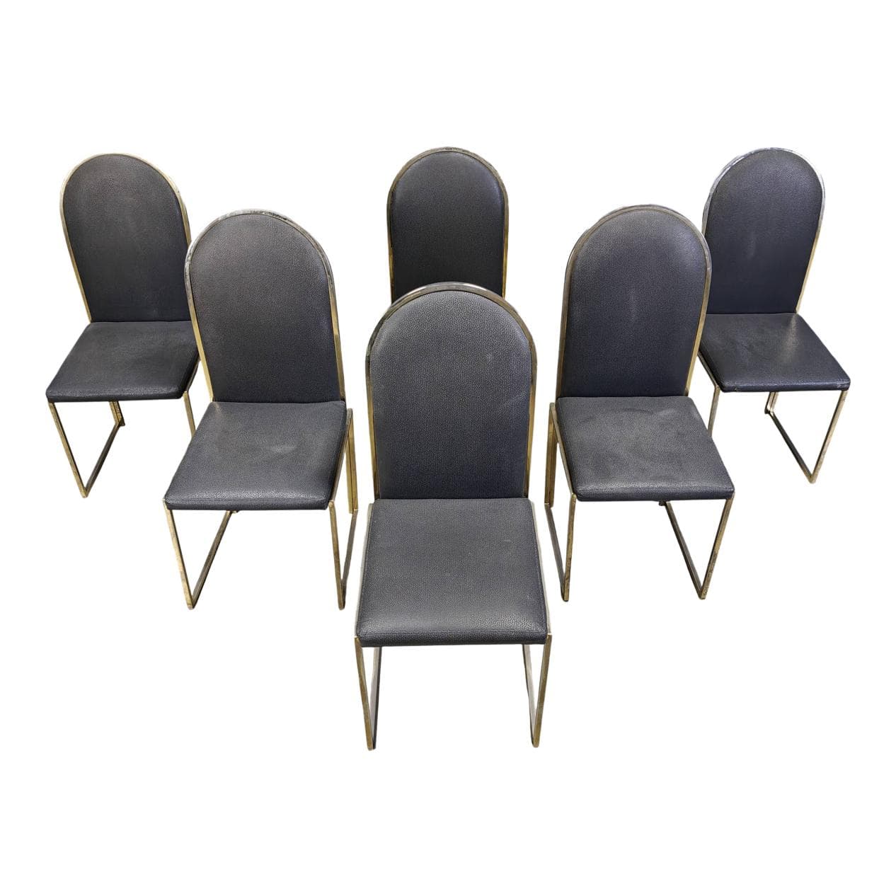 Set of Six Dining Chairs, gold brass, black faux leather, Belgium, 1970s.