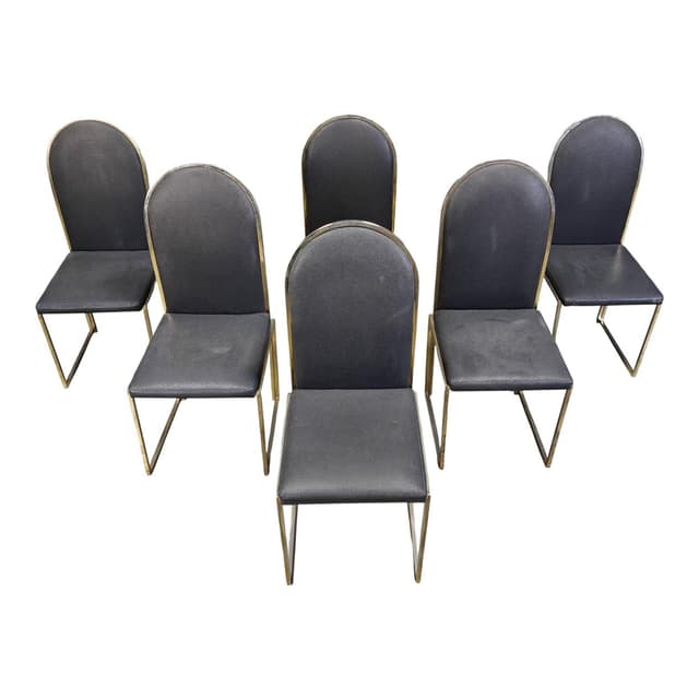 Set of Six Dining Chairs, gold brass, black faux leather, Belgium, 1970s. - DIMENSION