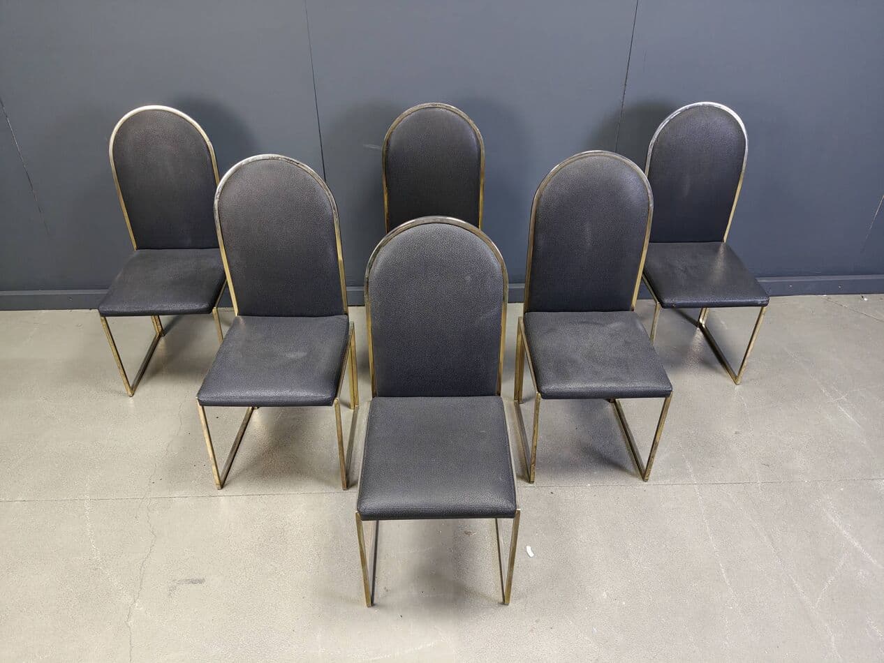 Set of Six Dining Chairs, gold brass, black faux leather, Belgium, 1970s. - 270189