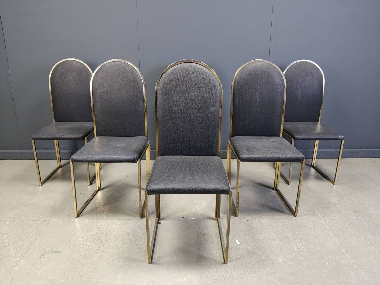 Set of Six Dining Chairs, gold brass, black faux leather, Belgium, 1970s. - 270187