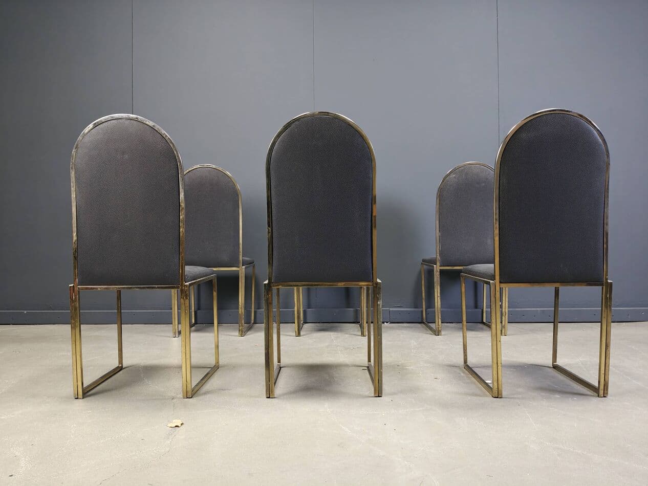 Set of Six Dining Chairs, gold brass, black faux leather, Belgium, 1970s. - 270193