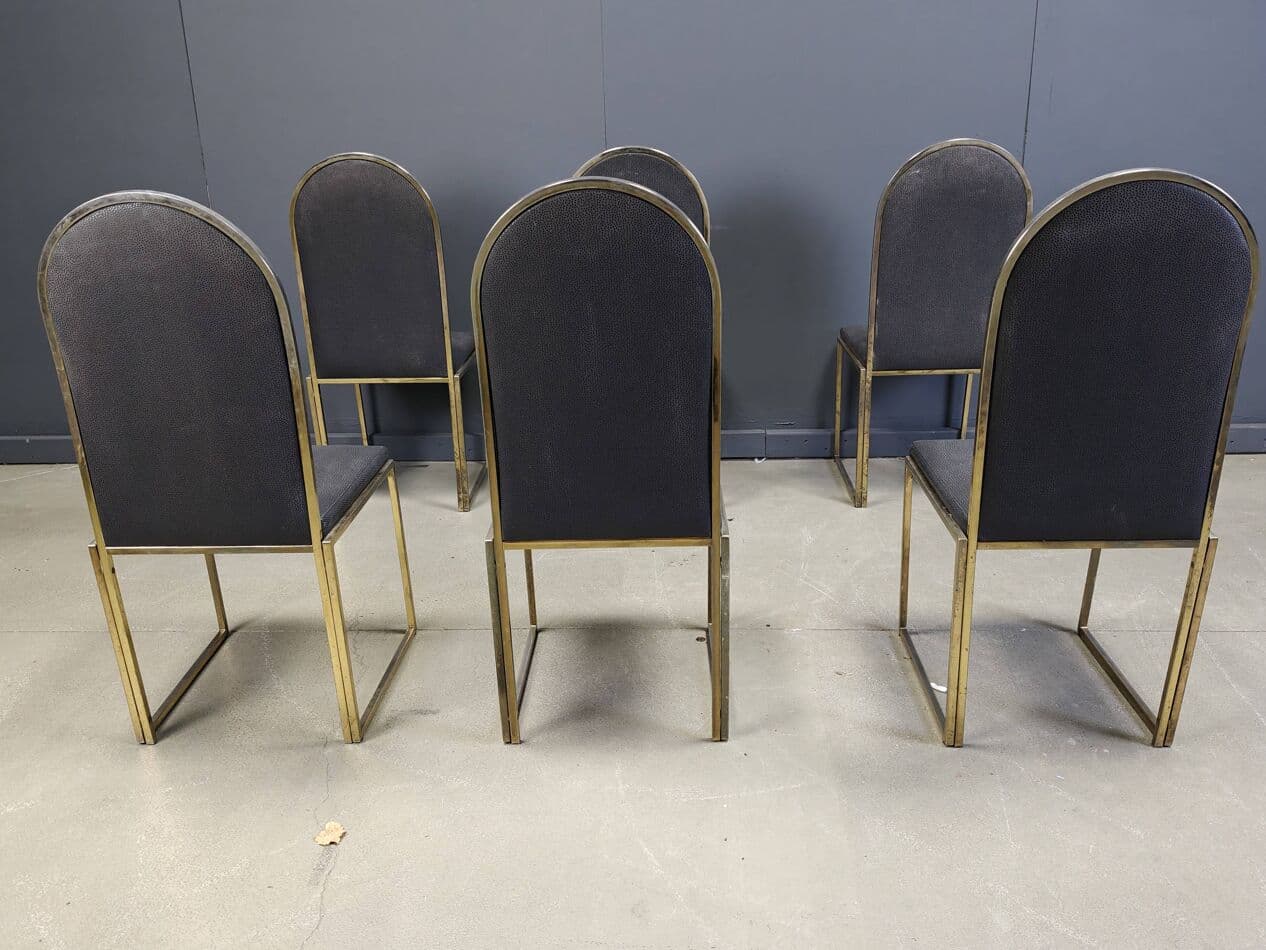 Set of Six Dining Chairs, gold brass, black faux leather, Belgium, 1970s. - 270194