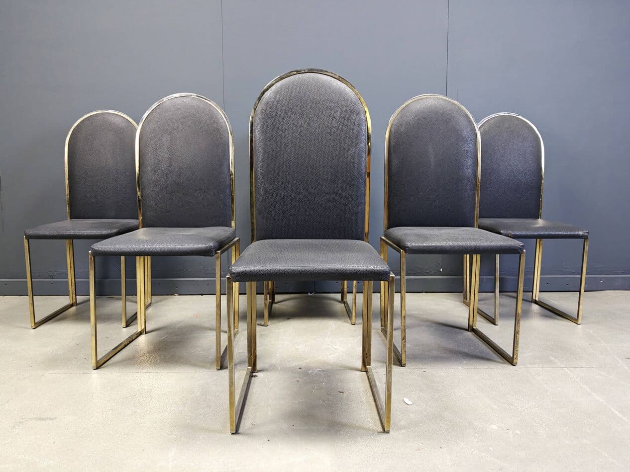 Set of Six Dining Chairs, gold brass, black faux leather, Belgium, 1970s. - 270186