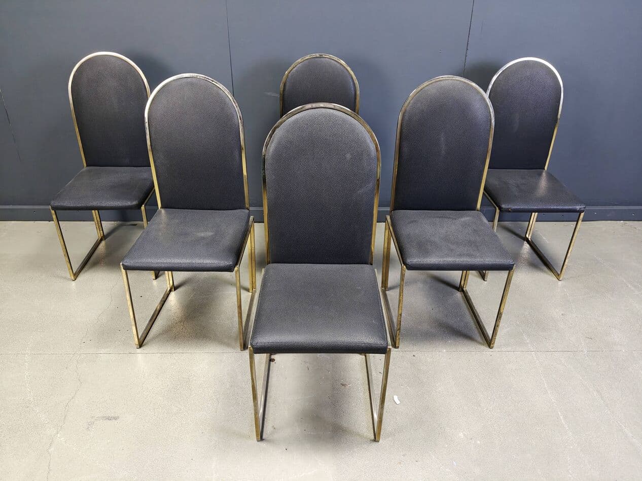 Set of Six Dining Chairs, gold brass, black faux leather, Belgium, 1970s. - 270188
