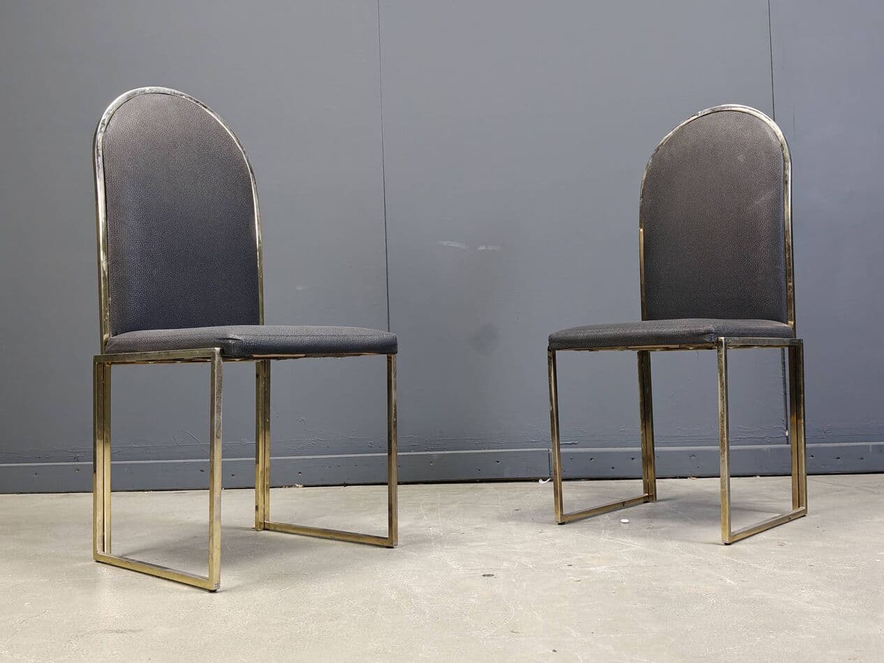 Set of Six Dining Chairs, gold brass, black faux leather, Belgium, 1970s. - 270192
