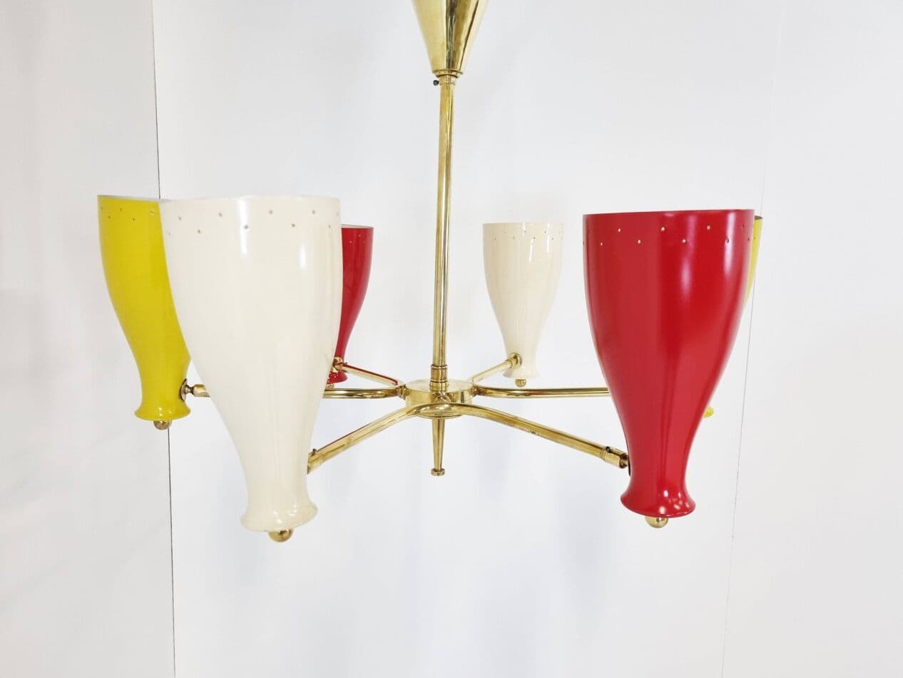 Żyrandol mid-century, klosze multikolor, włókno szklane, mosiądz, Francja, lata 50. - 270158