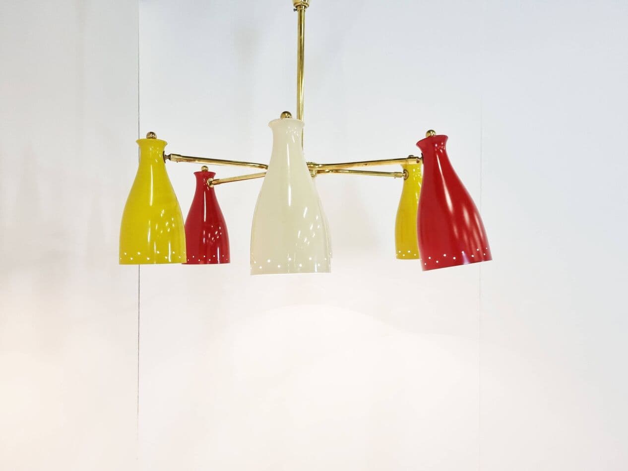 Żyrandol mid-century, klosze multikolor, włókno szklane, mosiądz, Francja, lata 50. - 270153