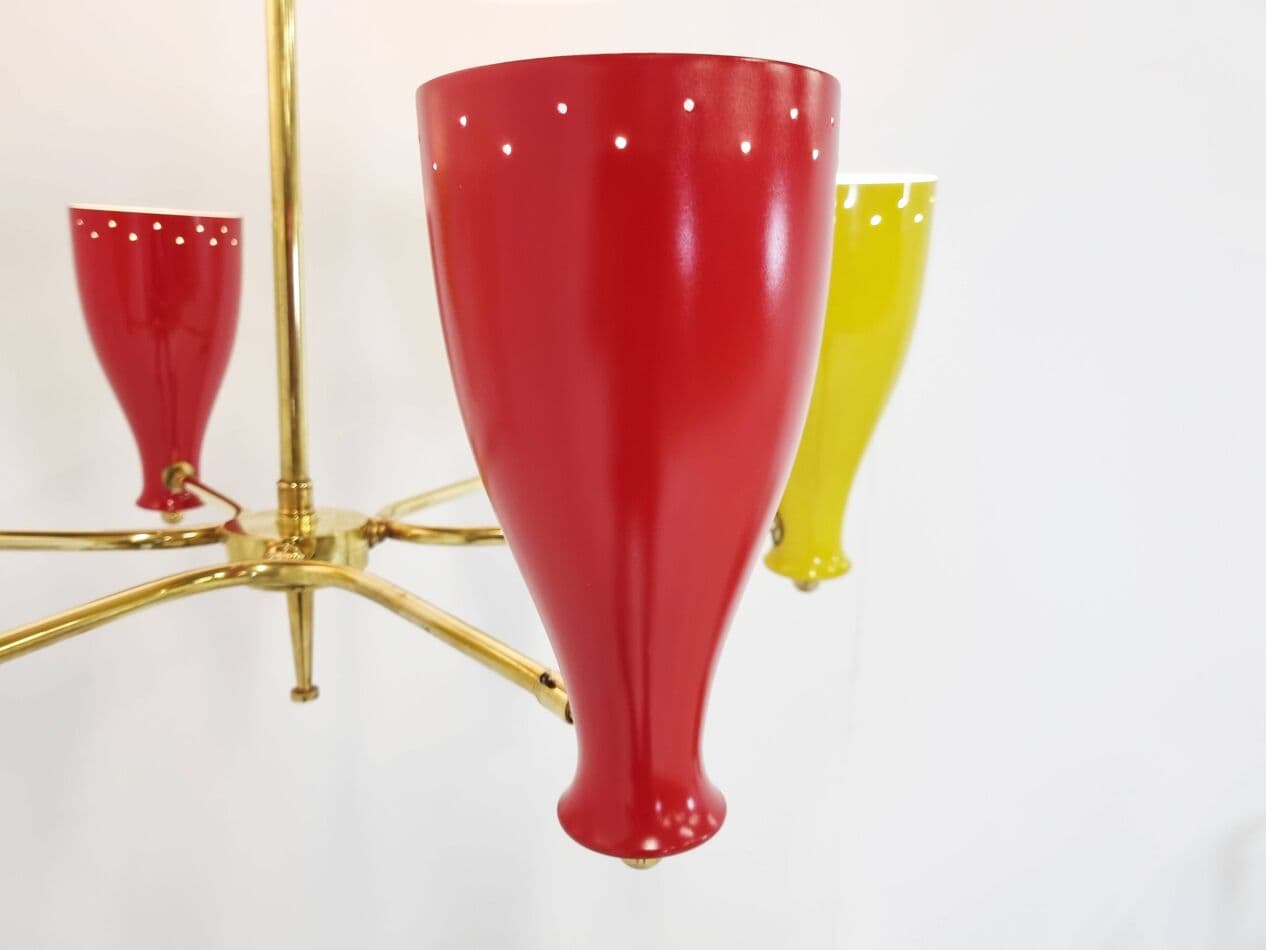 Żyrandol mid-century, klosze multikolor, włókno szklane, mosiądz, Francja, lata 50. - 270157