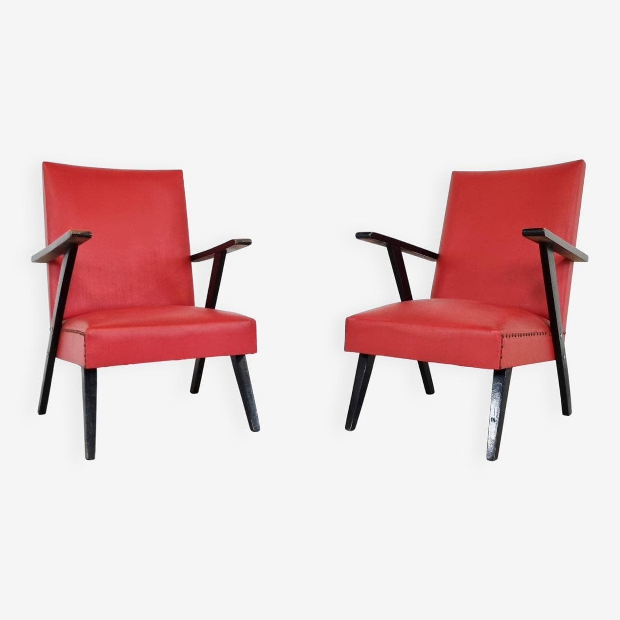 Para foteli, czerwony skaj, drewno czarne, Belgia, lata 60. - 270147