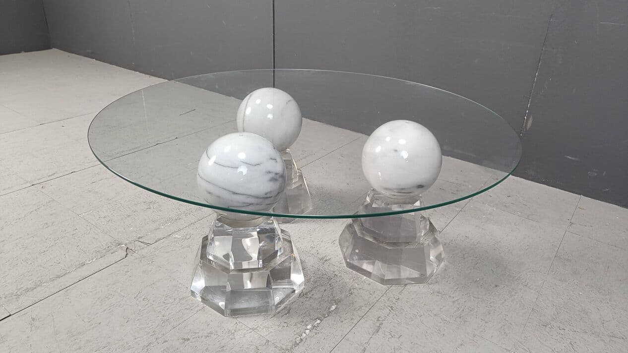 Coffee table, white marble, glass, plexiglass, France, 1980s. - 270087