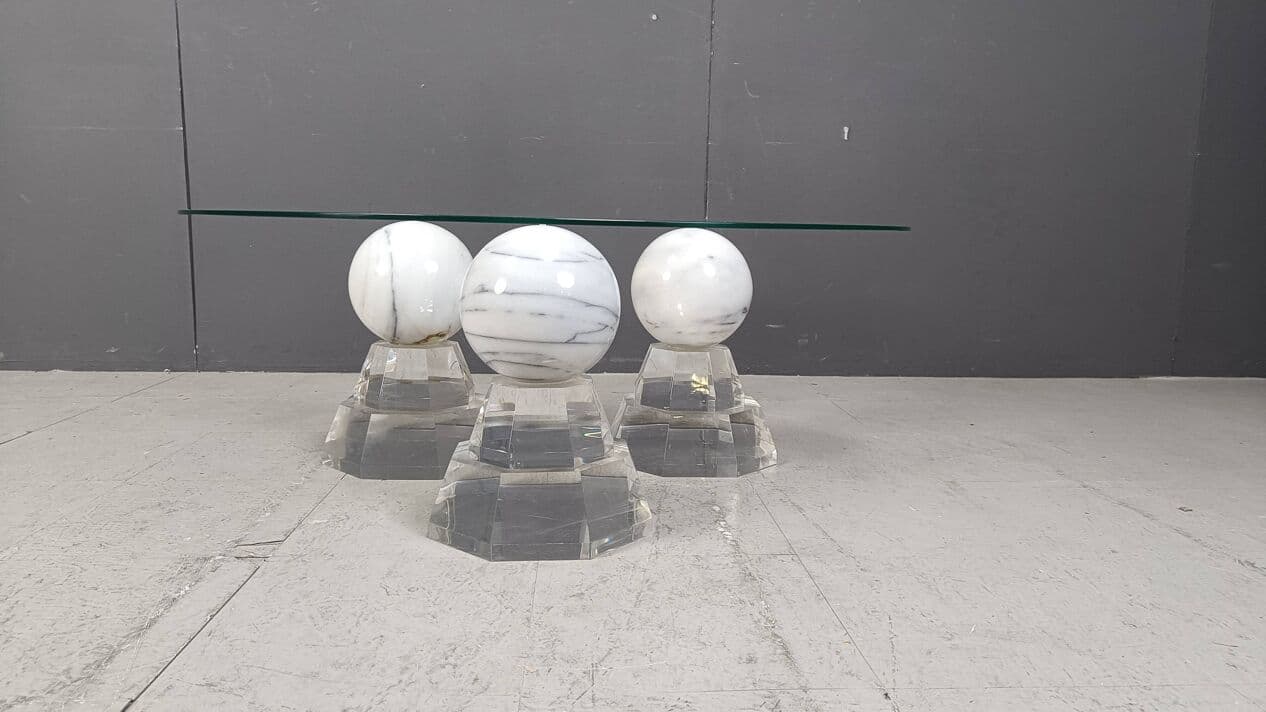Coffee table, white marble, glass, plexiglass, France, 1980s. - 270083