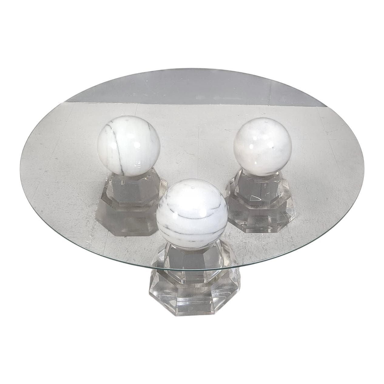 Coffee table, white marble, glass, plexiglass, France, 1980s.