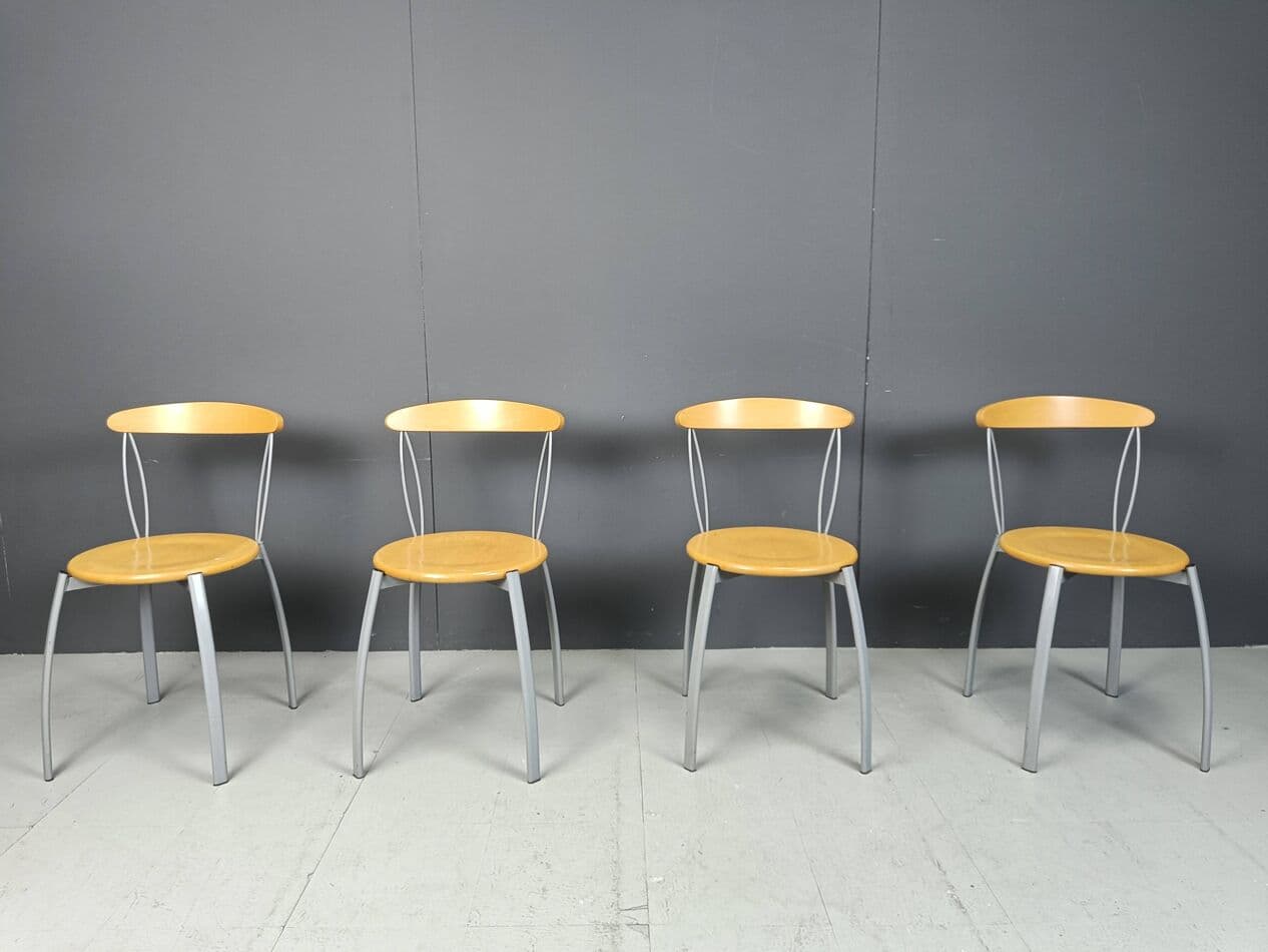 Set of four dining chairs, brown plywood, grey metal, Italy, 1990s. - 270068