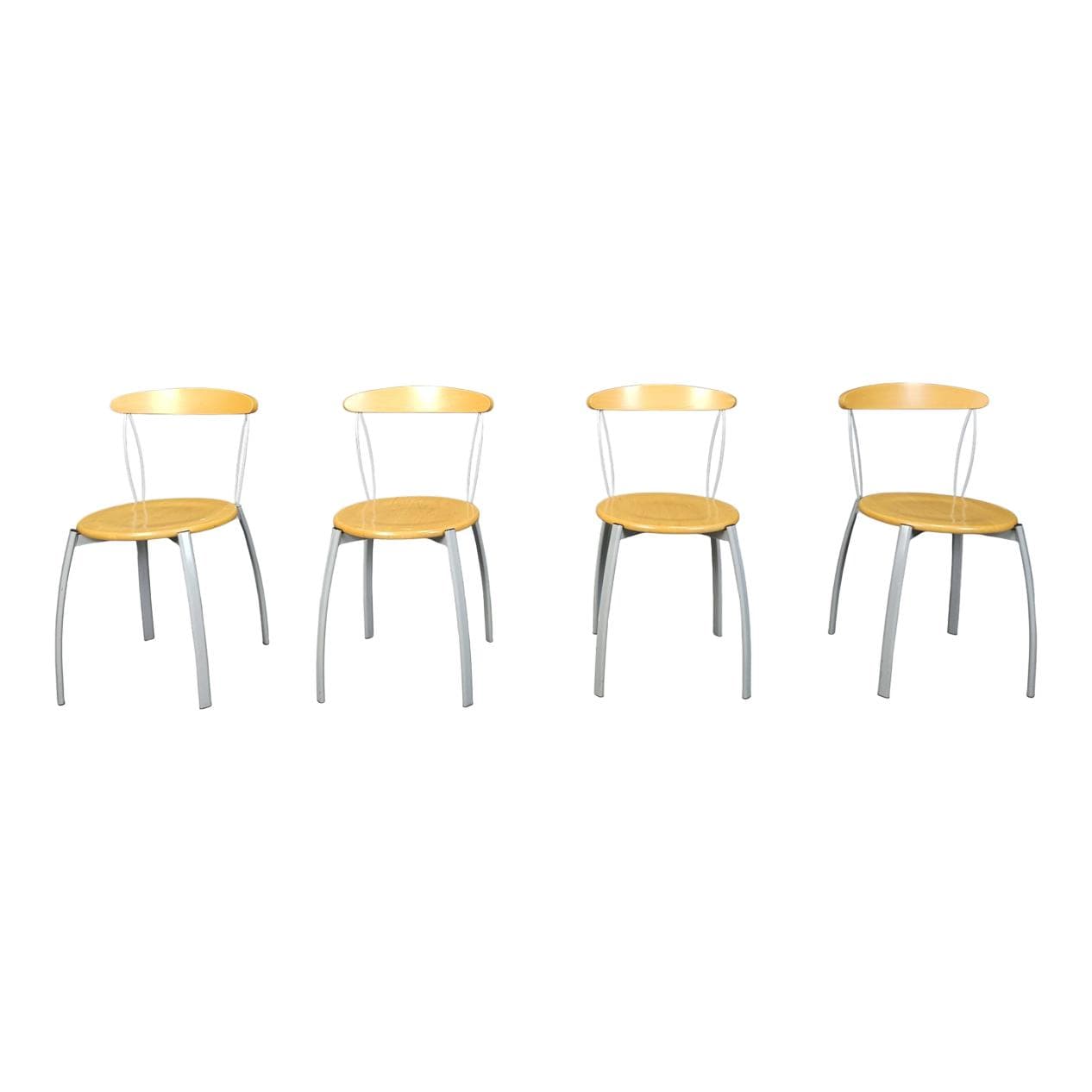 Set of four dining chairs, brown plywood, grey metal, Italy, 1990s.