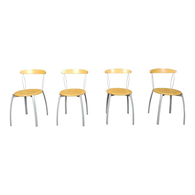 Set of four dining chairs, brown plywood, grey metal, Italy, 1990s. - DIMENSION