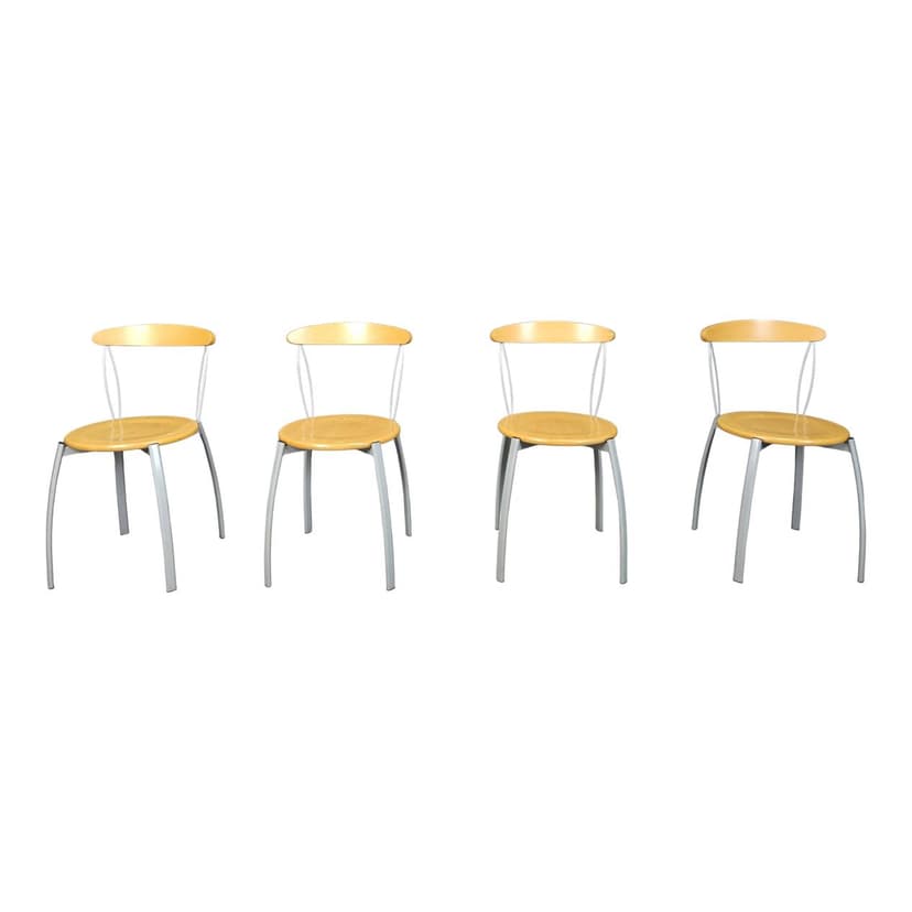 Set of four dining chairs, brown plywood, grey metal, Italy, 1990s.