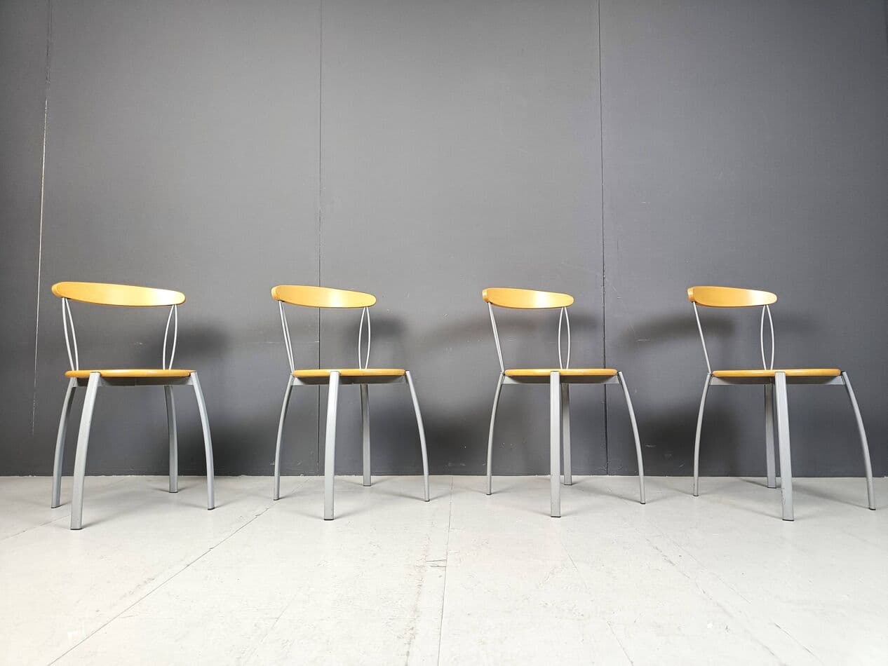 Set of four dining chairs, brown plywood, grey metal, Italy, 1990s. - 270074