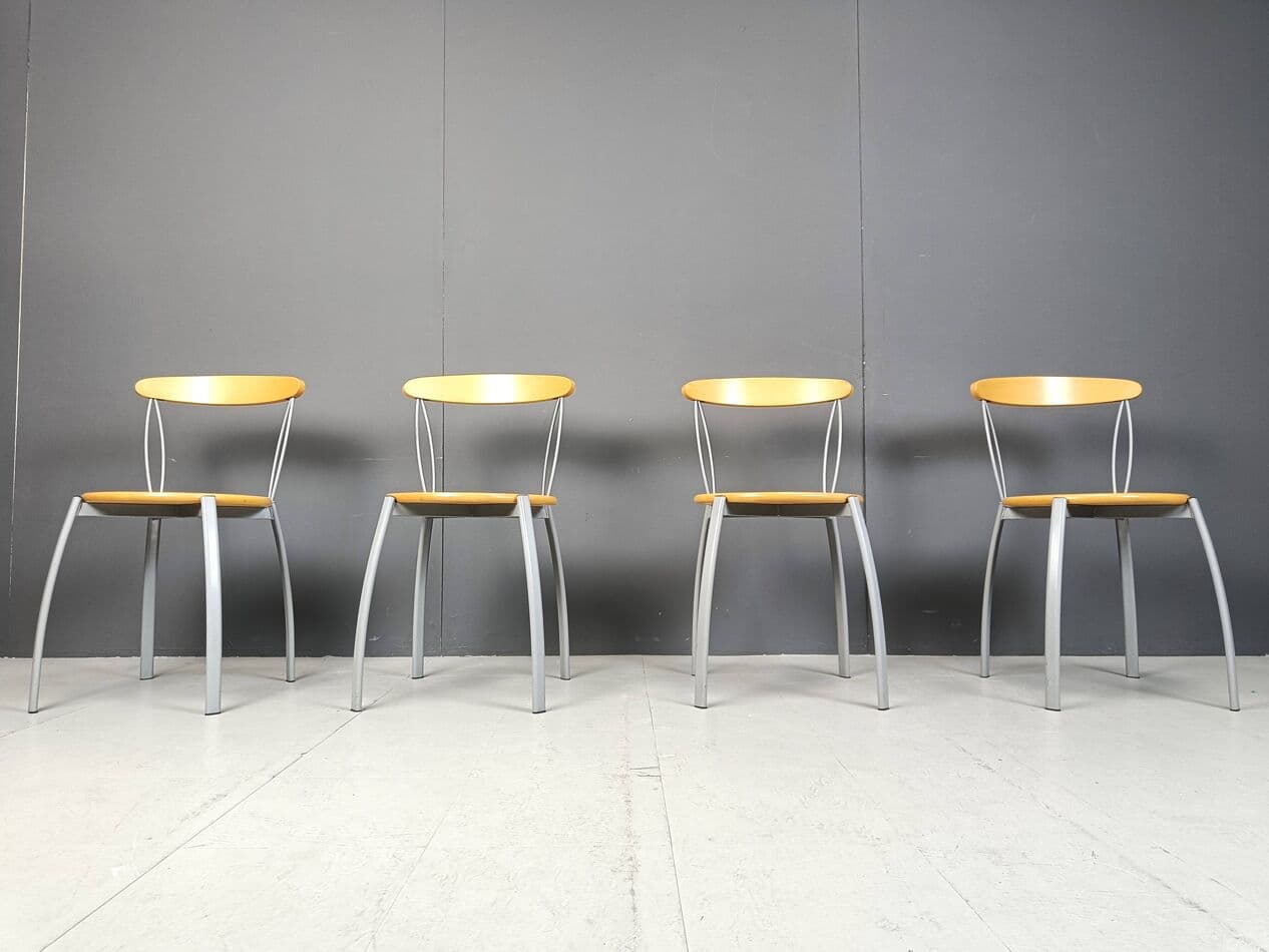 Set of four dining chairs, brown plywood, grey metal, Italy, 1990s. - 270070