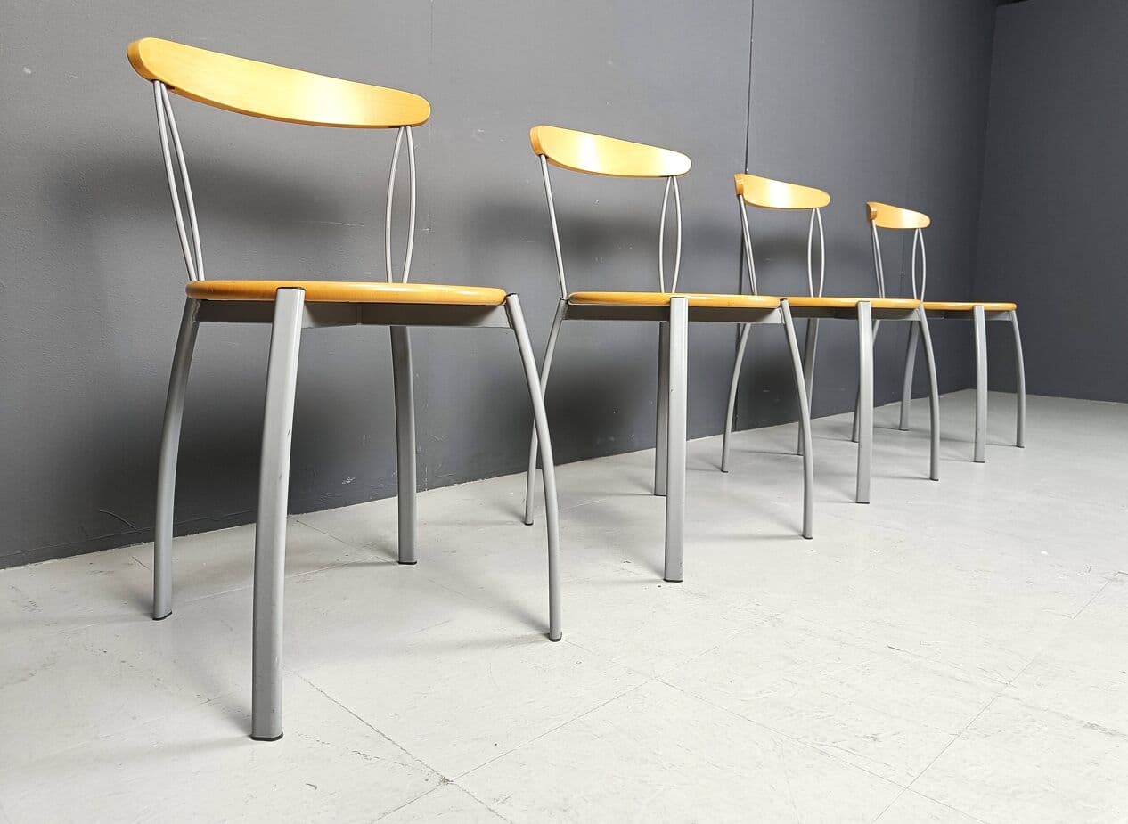 Set of four dining chairs, brown plywood, grey metal, Italy, 1990s. - 270073