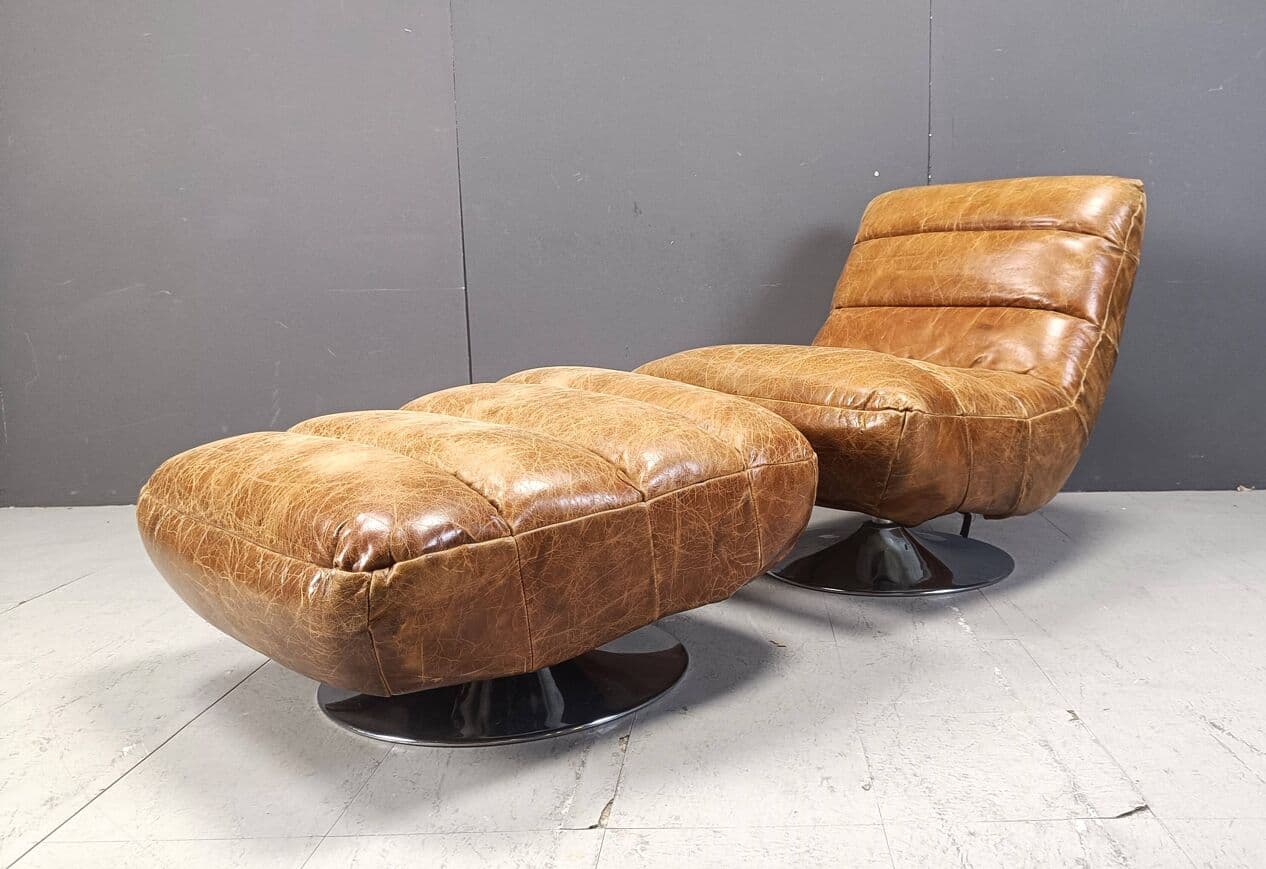 Fotel obrotowy z podnóżkiem, skóra brązowa, Belgia, lata 70. - 270062