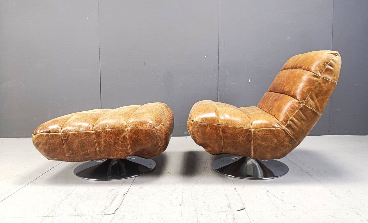 Fotel obrotowy z podnóżkiem, skóra brązowa, Belgia, lata 70. - 270063