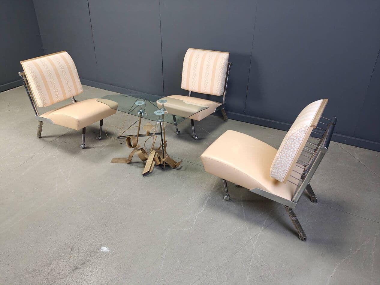 Zestaw wypoczynkowy rzeźbiarski, beżowy, winyl chromowany, szkło, metal złocony, Belgia, lata 90. - 269947