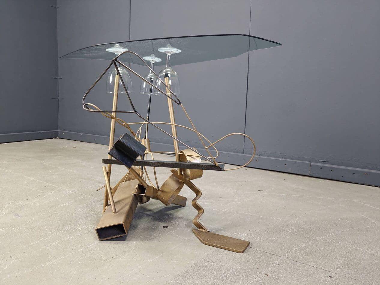 Zestaw wypoczynkowy rzeźbiarski, beżowy, winyl chromowany, szkło, metal złocony, Belgia, lata 90. - 269952