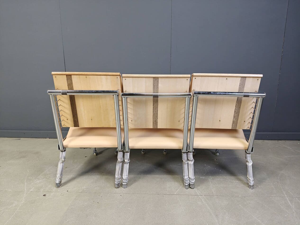 Zestaw wypoczynkowy rzeźbiarski, beżowy, winyl chromowany, szkło, metal złocony, Belgia, lata 90. - 269957