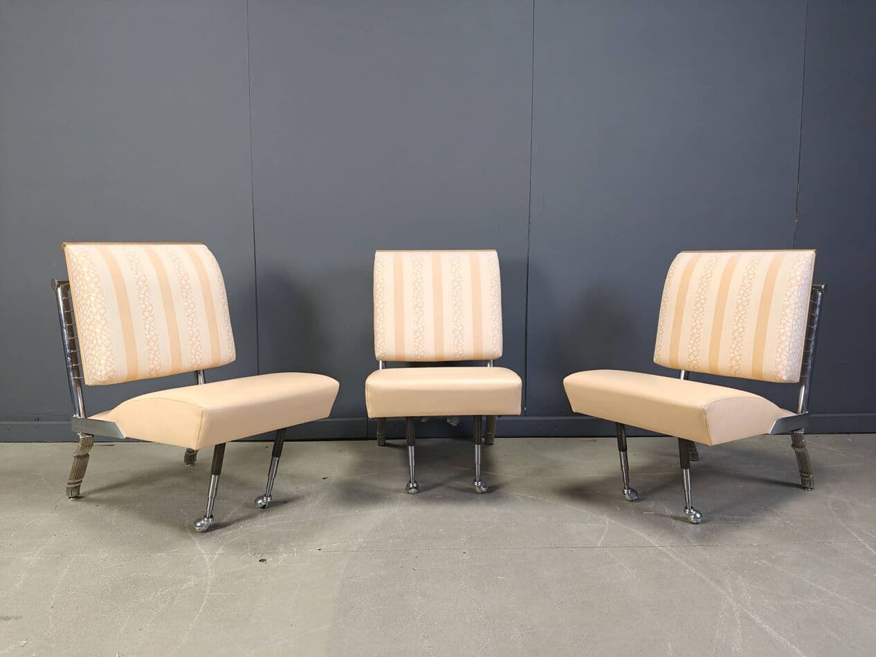 Zestaw wypoczynkowy rzeźbiarski, beżowy, winyl chromowany, szkło, metal złocony, Belgia, lata 90. - 269946