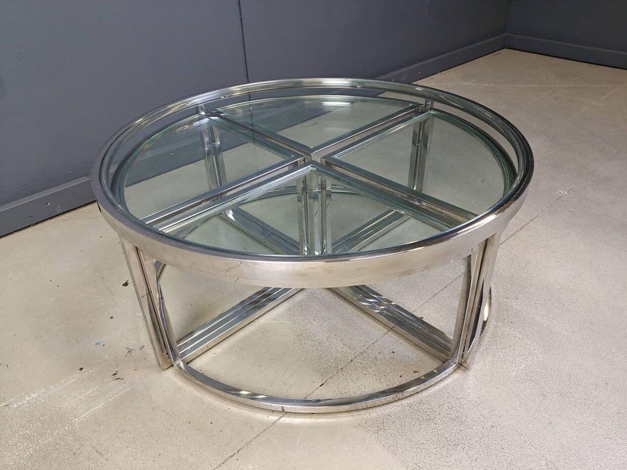 Coffee Table Set, round, silver chrome, clear glass, France, 1970s. - 269894
