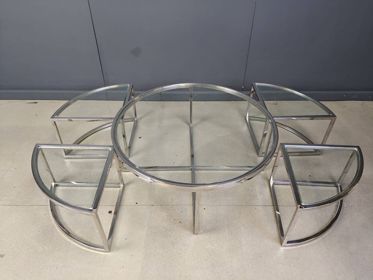 Coffee Table Set, round, silver chrome, clear glass, France, 1970s. - 269897