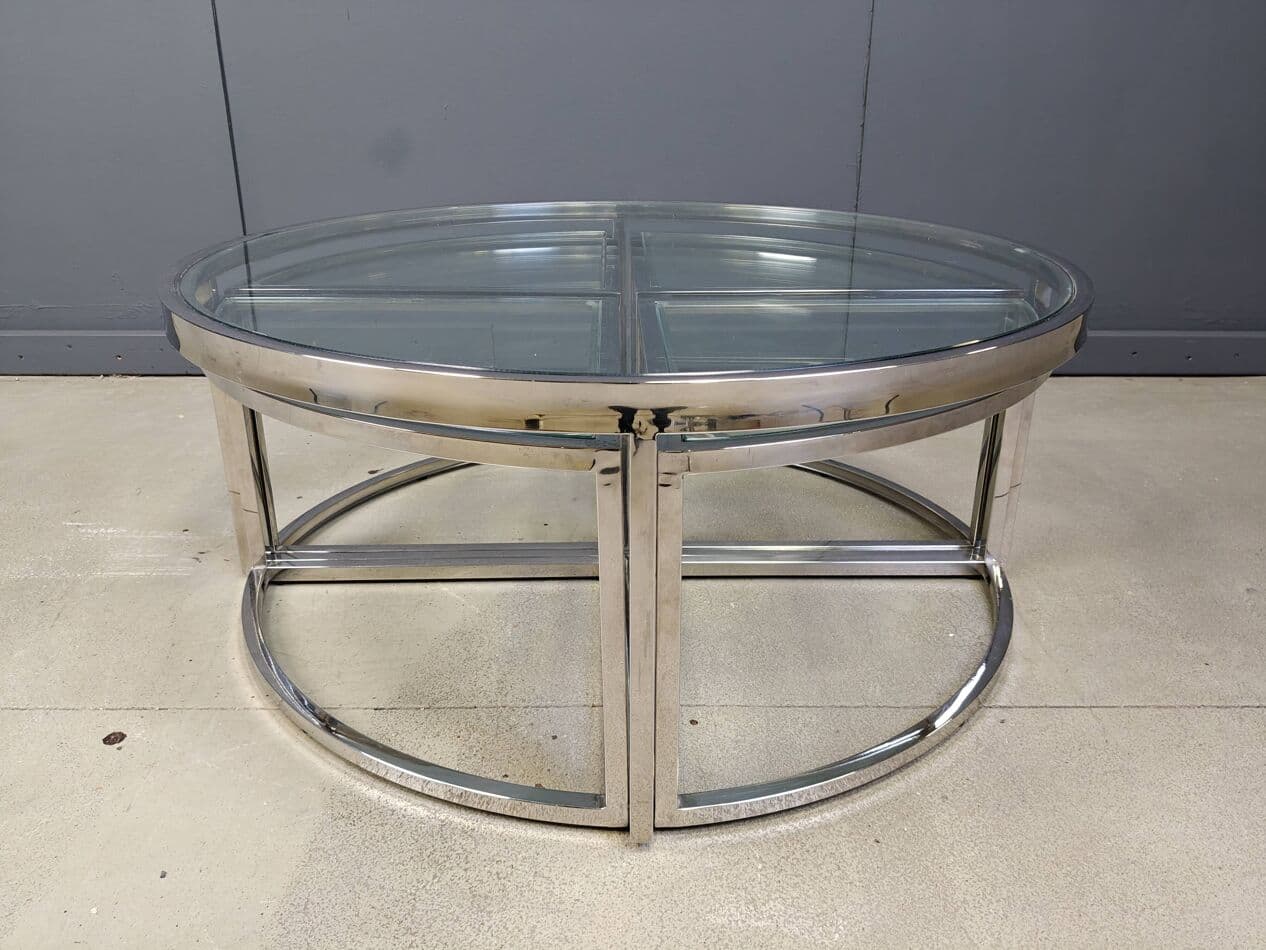 Coffee Table Set, round, silver chrome, clear glass, France, 1970s. - 269901