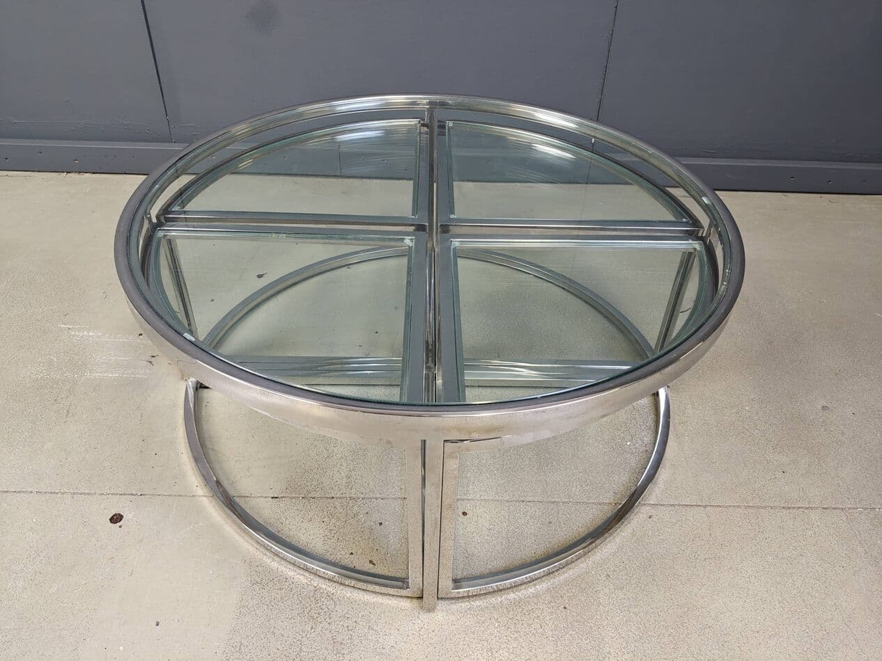 Coffee Table Set, round, silver chrome, clear glass, France, 1970s. - 269902