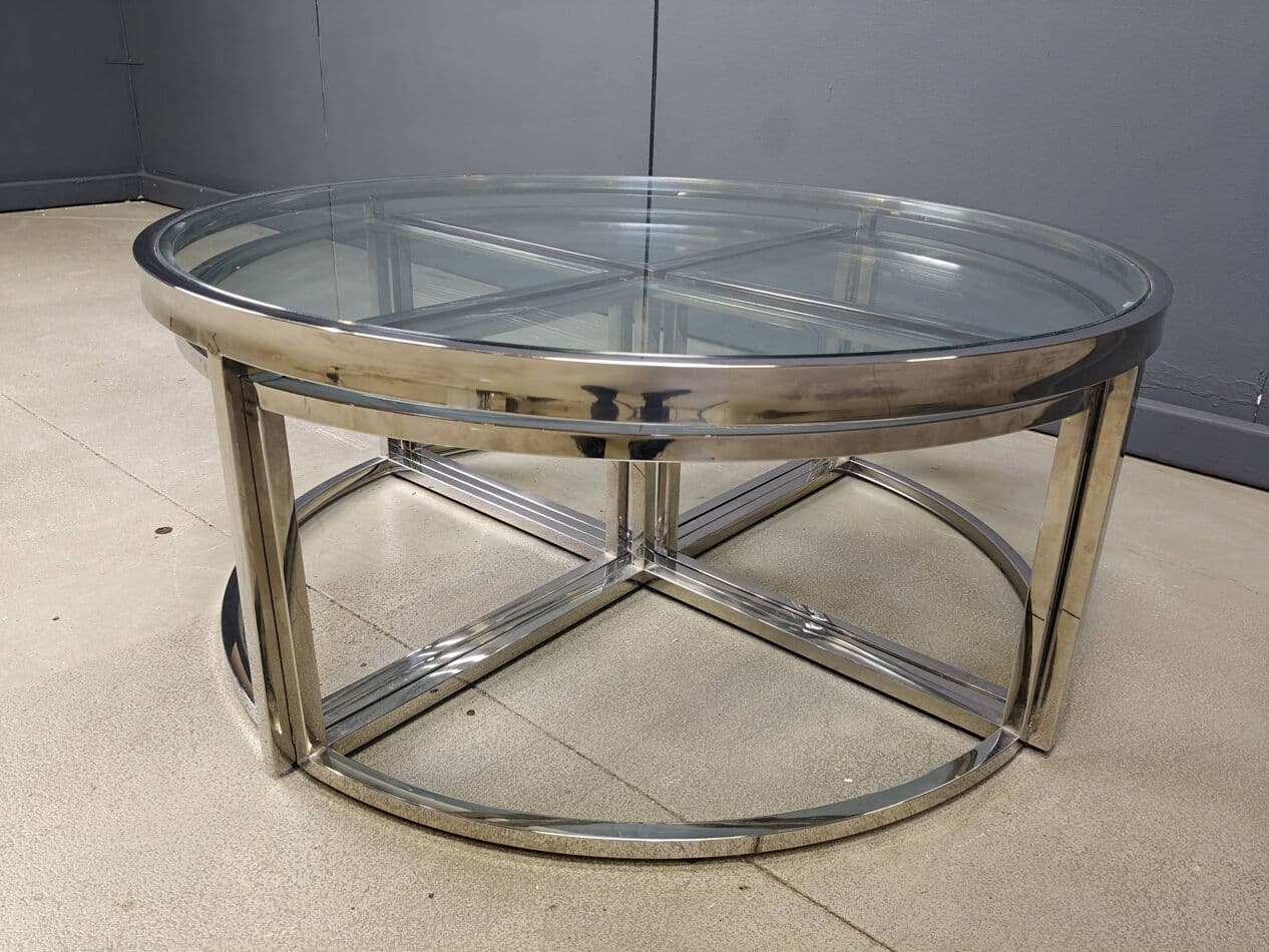 Coffee Table Set, round, silver chrome, clear glass, France, 1970s. - 269898