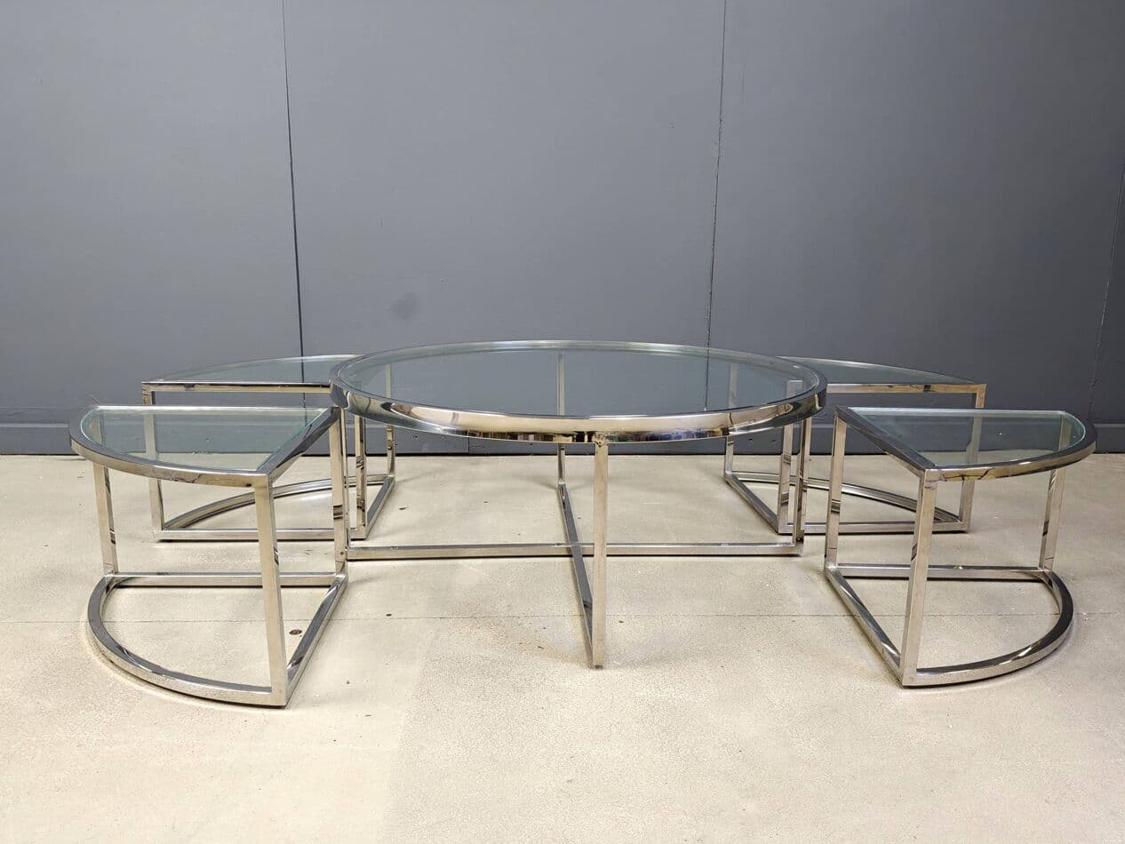 Coffee Table Set, round, silver chrome, clear glass, France, 1970s. - 269896