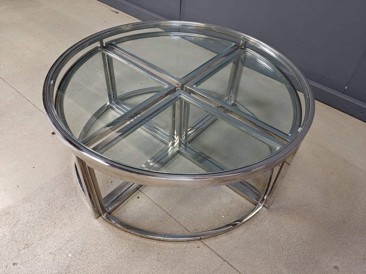 Coffee Table Set, round, silver chrome, clear glass, France, 1970s. - 269899