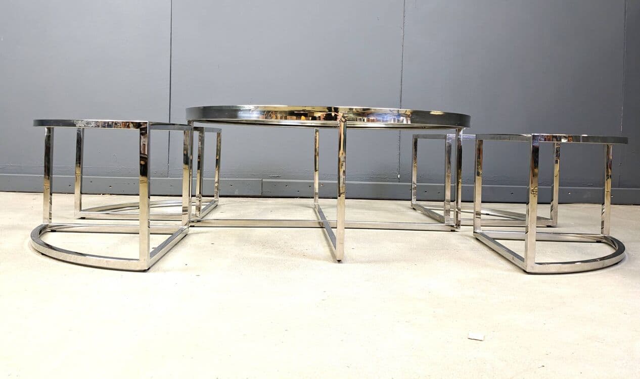 Coffee Table Set, round, silver chrome, clear glass, France, 1970s. - 269892