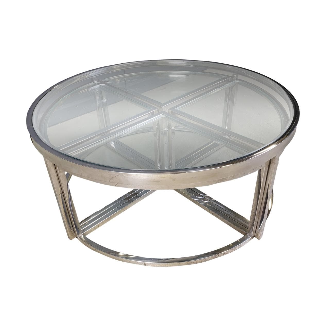 Coffee Table Set, round, silver chrome, clear glass, France, 1970s.