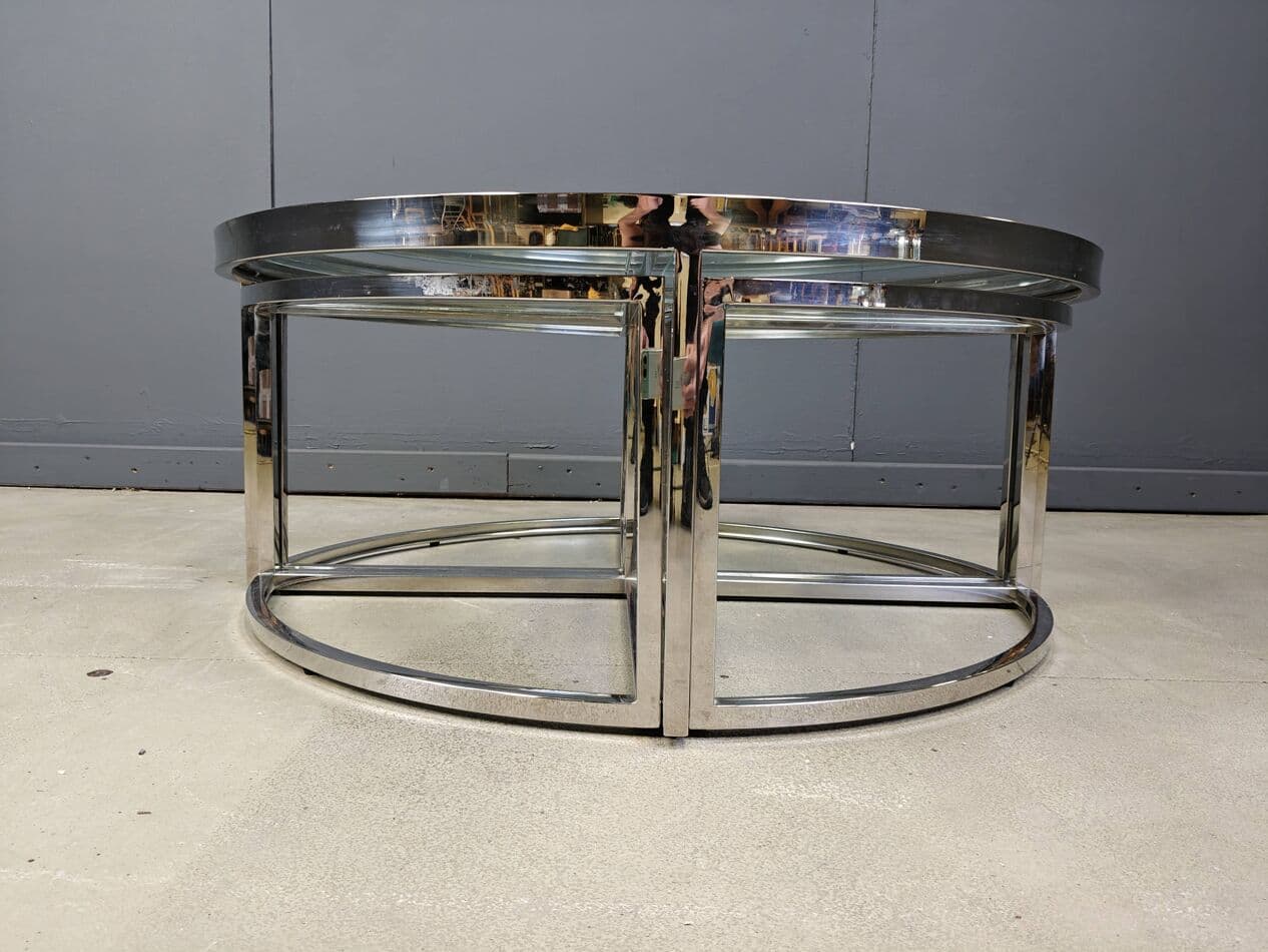 Coffee Table Set, round, silver chrome, clear glass, France, 1970s. - 269900