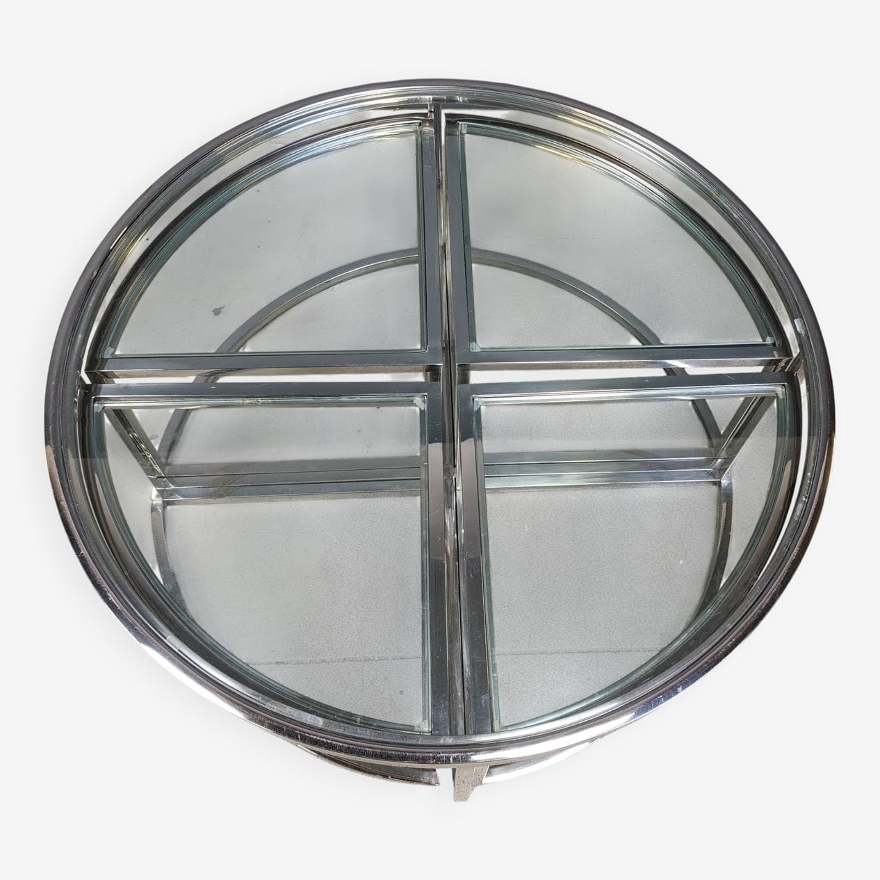 Coffee Table Set, round, silver chrome, clear glass, France, 1970s. - 269893