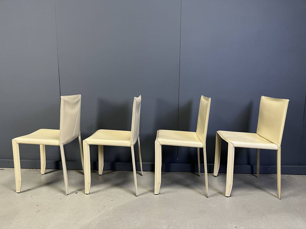Zestaw czterech krzeseł jadalnianych, skóra beżowa, Włochy, lata 80. - 269874