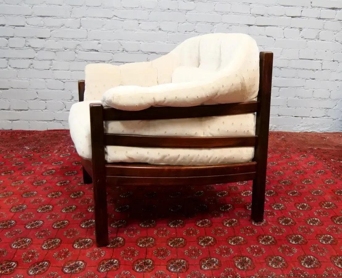 Armchair, dark brown rosewood, beige plush, by A. Norell, Vatne Møbler, Norway, 1960s - 19447