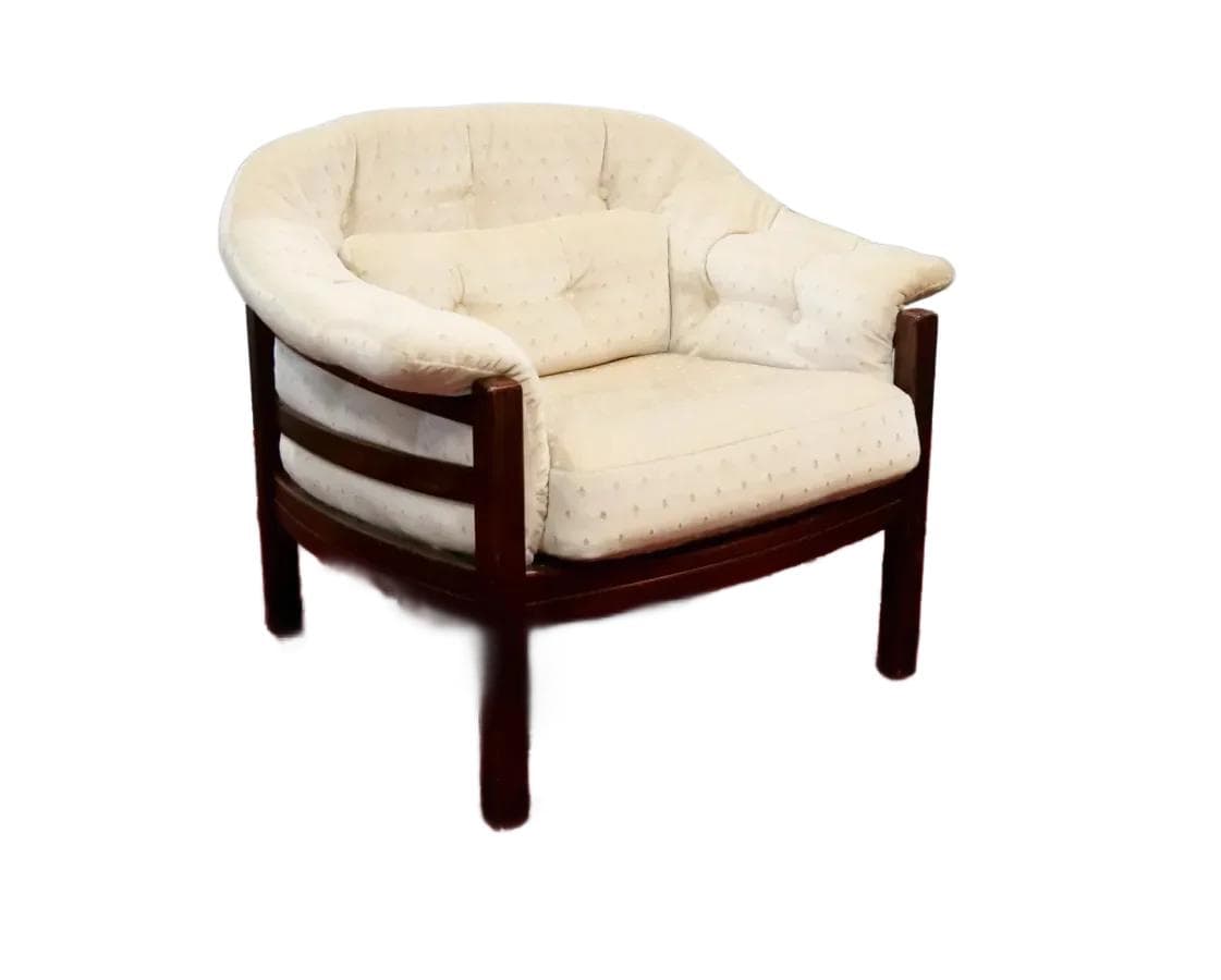 Armchair, dark brown rosewood, beige plush, by A. Norell, Vatne Møbler, Norway, 1960s